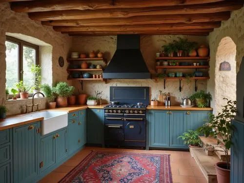 Rustic kitchen with vintage charm, featuring distressed wooden beams on the ceiling and rough stone walls. Open shelves display an assortment of clay pots, dishes, and plants. A farmhouse-style white 