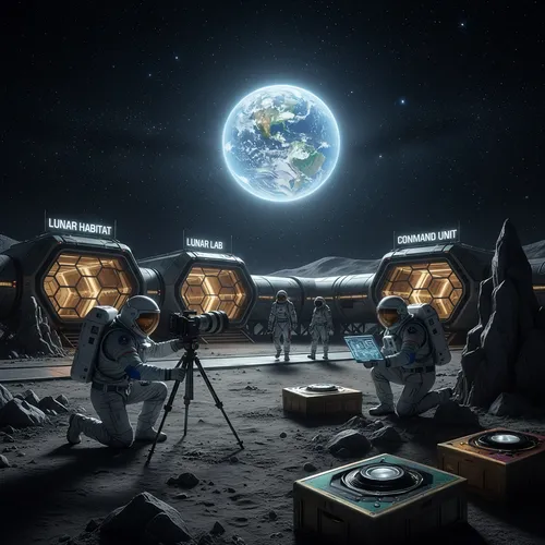 people are sitting in a space station, working on a project,moon base alpha-1,moonscapes,sky space concept,research station,lunar landscape,earth station,space art,explorers,lunar,astronomers,diorama,