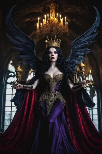 Dark throne, Lilith, queen of darkness, solo, (25yo), pale skin, sharp facial features, red lips, long curly black hair, intricate horns, dark wings spread wide, luxurious black and purple cloak, gold