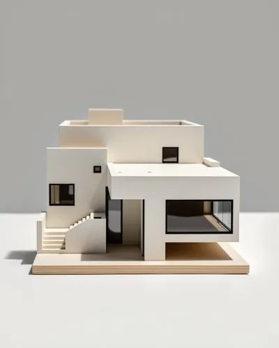 Un edificio de estilo racionalista minimalista presentado como una maqueta arquitectónica de alta calidad. La estructura es simple y moderna, con líneas rectas y formas geométricas puras. El edificio 