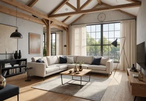 Use the uploaded sketch as the exact architectural reference. Preserve the original architecture completely. Do not redesign or modify the room layout, exposed timber roof trusses, structural columns,