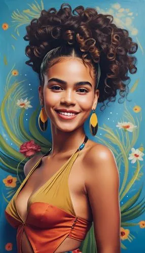 there two cute black girls wearing a big smile and a choker necklace. The background is painted in the style of Frida Kahlo,a portrait of a woman with braids and earrings,portrait background,oil paint