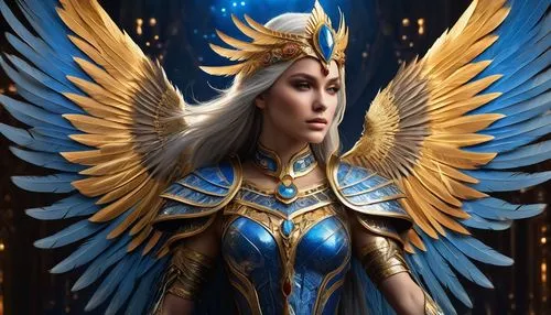 A majestic, photorealistic digital illustration in a fantasy, mythological, and science-fiction-inspired style, featuring a divine female figure (goddess or celestial priestess) with elaborate golden,
