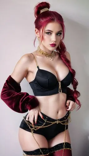 Garota 20 anos cabelo vermelho sangue rabo de cavalo amarrado para cima, olhos claro, lábios Carnudos rosa, Seios grandes, usando meia de braço vermelho escuro com cristais de diamantes, barriga sarad
