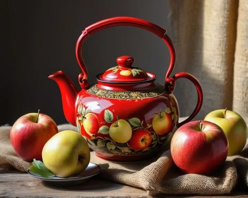 red kettle and two apples on cloth with curtains in background,basket with apples,fragrance teapot,autumn still life,vintage teapot,tea still life with melon,basket of apples,still life photography,st