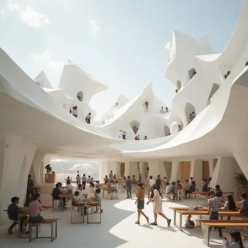 An urban rooftop school inspired by paper folding — origami-like white canopies, flexible classroom spaces, and Indian schoolchildren playing, learning, and laughing in midair volumes.",people gather 