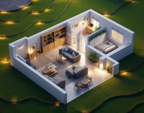 3D Floor plan, outdoor background, nature background,smart home,3d rendering,cube house,vastu,electrohome,miniature house,grass roof,smarthome,cubic house,voxel,floorplan home,beautiful home,smart hou