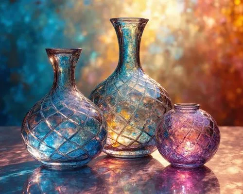 three different sized vases sitting on a table,colorful glass,perfume bottles,glass items,glass vase,vases,decanters,glassware,mosaic glass,glass containers,glassblower,glassblowers,glass series,hand 