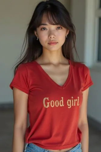 A 27-year-old Asian woman of Chinese descent. She has bangs and a sweet face. Athletic and fit, she has a very feminine curves. She has pretty ear piercings.

She wears a red V-neck t-shirt with her n