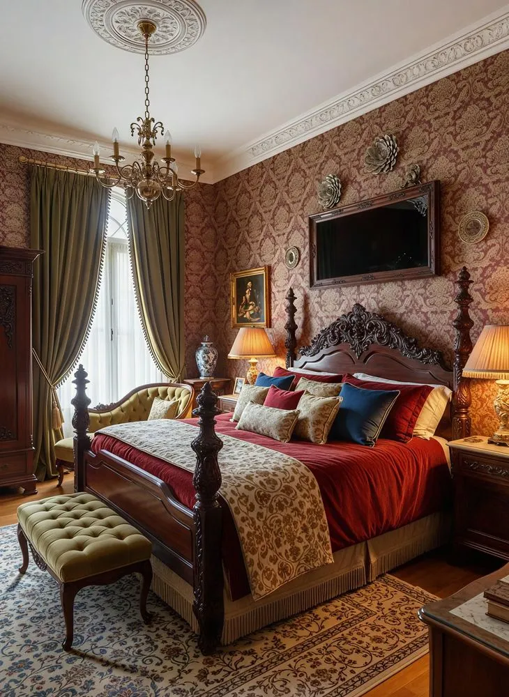 a red and white bed sitting next to a window