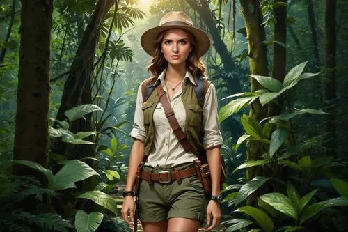 a woman standing in a jungle while wearing a hat,amazonian,the hat-female,world digital painting,palaeontologist,safari,paleontologist,herpetologist,portrait background,biologist,zookeeper,brown hat,r
