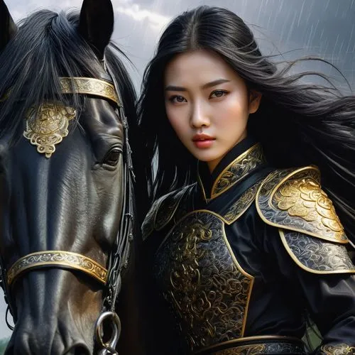 very beautiful charming Chinese woman with very beautiful expressive eyes, sparkling pupils, beautiful thin lips, beautiful long hair, quickly riding a black horse, martial artist , dressed in black a