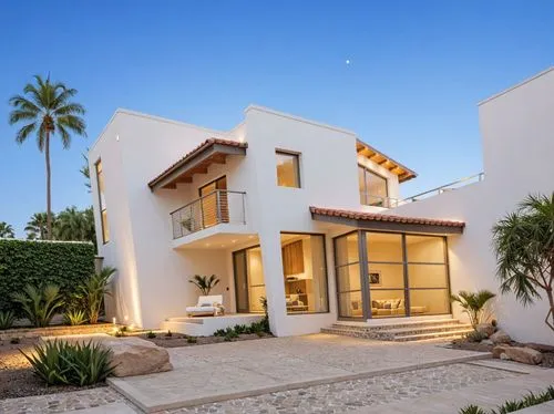 A photo-realistic rendering of a modern two-story house with a contemporary design, featuring a combination of stucco and tiled architecture. the house is located in a desert location, with a clear bl