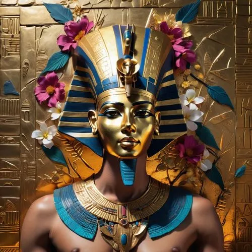 Anubis, represented by the head of a jackal, takes on a muscular male human body and looks at the mask of Tutankhamun, in the background a large wall adorned with brightly colored Egyptian hieroglyphi