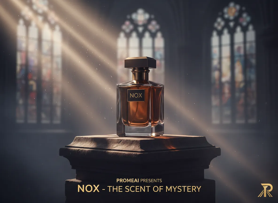 Ein Werbeposter für ein Produkt, bei dem PromeAI eine kinematische Beleuchtung erzeugt hat, bei der Lichtstrahlen eine Parfümflasche beleuchten und eine tiefe, stimmungsvolle Atmosphäre schaffen.