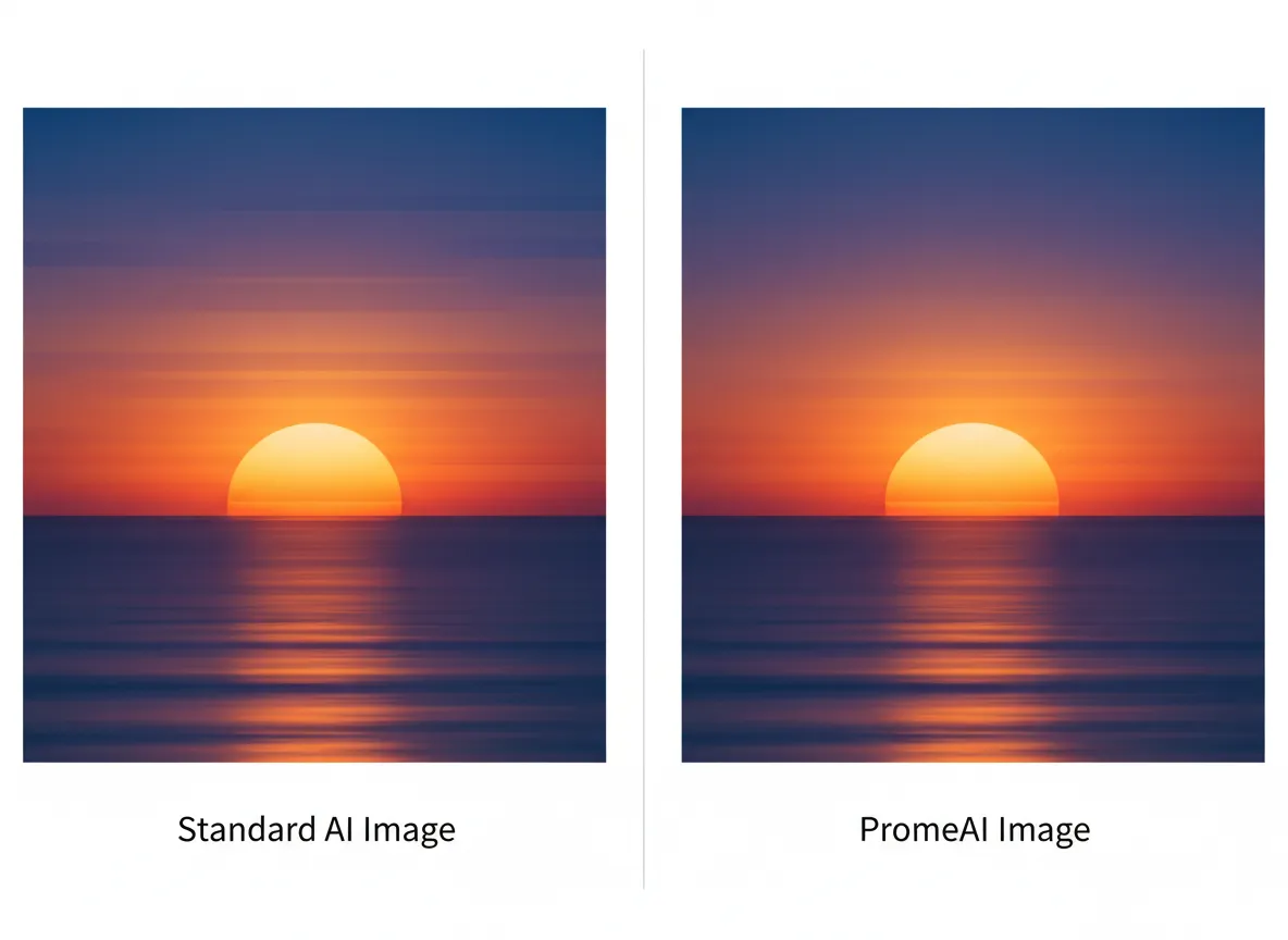 एक मानक एआई छवि जिसमें कलर बैंडिंग है और उसके बगल में एक PromeAI छवि जिसमें परफेक्ट स्मूथ ग्रेडिएंट है, की अगल-बगल तुलना।