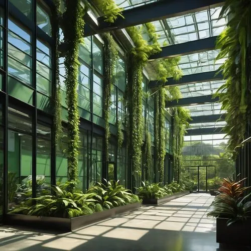 Modern industrial office building, steel frame structure, large glass windows, green walls with vines, connected to a futuristic botanical garden, lush tropical plants, intricate irrigation system, sl