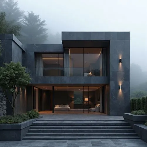  A luxurious, ultra-modern, three-story mansion with a sleek, dark gray marble facade and prominent vertical columns, situated in a refined, upscale residential setting. The exterior features large fl