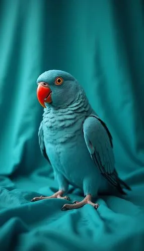 A stunning turquoise parrot perches gracefully against a soft, crumpled teal fabric backdrop. Its vivid red beak contrasts sharply with the bird’s serene blue feathers, creating a striking focal point