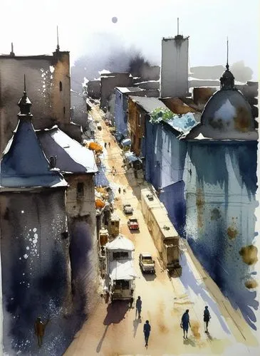 the painting shows people walking down a city street,watercolor paris,watercolor paris balcony,watercolor paris shops,pierrefonds,langeais,watercolor,montois,beaune,rennes,louvois,rodolphe,remparts,na