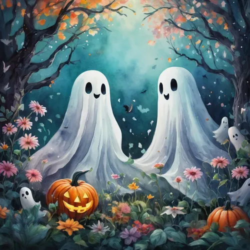 watercolor, Cute ghosts Halloween amidst the flowers, kawaii aesthetic, style of Eric Carle,halloween ghosts,halloween illustration,halloween background,halloween wallpaper,ghosts,halloween poster,neo