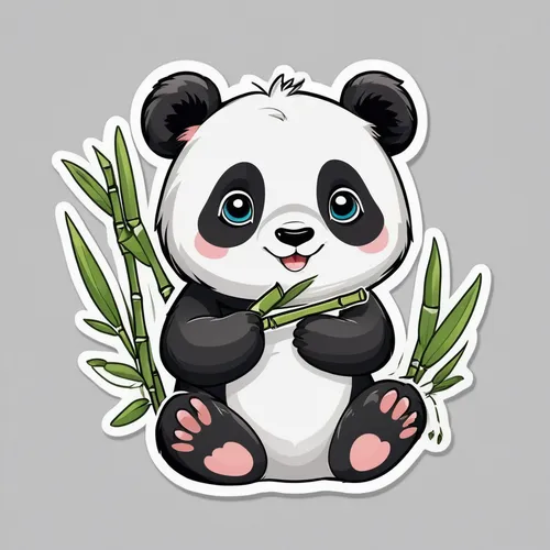 a cute panda eating bamboo, sticker art design, kawaii illustration, Light Gray background,little panda,chinese panda,kawaii panda emoji,panda,kawaii panda,panda bear,baby panda,hanging panda,pandas,p