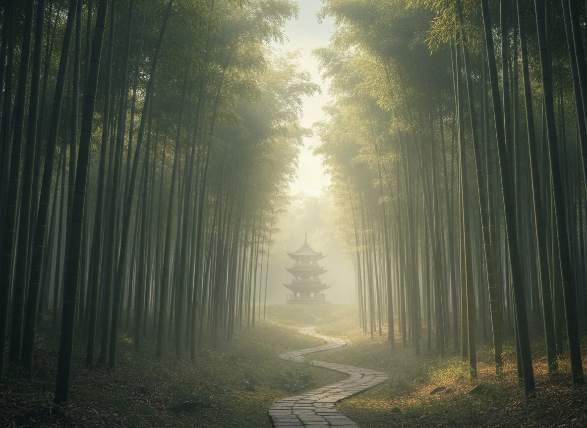 Paesaggio generato dall'IA che mostra un vasto sfondo di una foresta di bambù con illuminazione soffusa e una pagoda solitaria in lontananza.