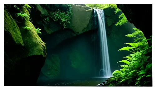 Waterfall, vertical composition, misty atmosphere, lush green plants, rocky cliff, sunlight filtering through water droplets, gentle stream, serene ambiance, soft focus, warm color tone, shallow depth