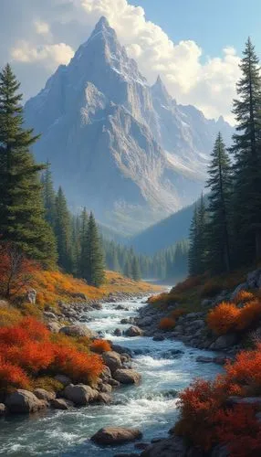 Mountains, wild view, a falling river, autumn trees, red bushes, the beauty of nature.,a stream runs through a forest with tall mountains in the background,autumn mountains,mountain landscape,nature w