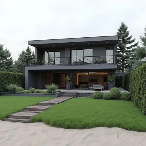 A sleek, contemporary two-story home composed of clean, geometric lines and a sophisticated monochromatic palette of charcoal, graphite, and soft gray. The façade features large windows framed by slim