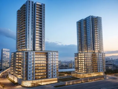 a commercial floor level along the sidrwalk with heavy traffic road. residential tower above. urban setting,the buildings in the city have glass windows,urban towers,condos,penthouses,residential towe