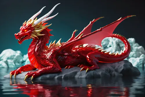 Dragon sleeping on sea, translucent glass, zbrush, ruby and gold style, anime aesthetics, furry art, red and white, elaborate, c4d rendering, super high detail, 3d,chinese dragon,dragon li,painted dra