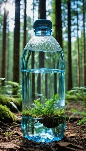 bottle of water, in the middle of the forest, the film light, panoramic shot, is very breathtaking, very realistic, 8k quality, hyper realistic, ultra realism,a large clear bottle with some green plan