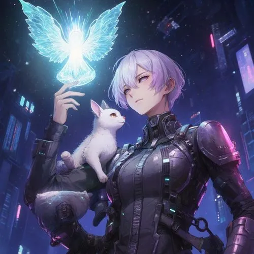 (anime art of cyberpunk inventor with a magical companion:1.2), masterpiece, 4k, best quality, anime art
,an anime woman with white hair holding a cat,mercer,cybernetic,rem,joule,cyberpunk,eve,game il