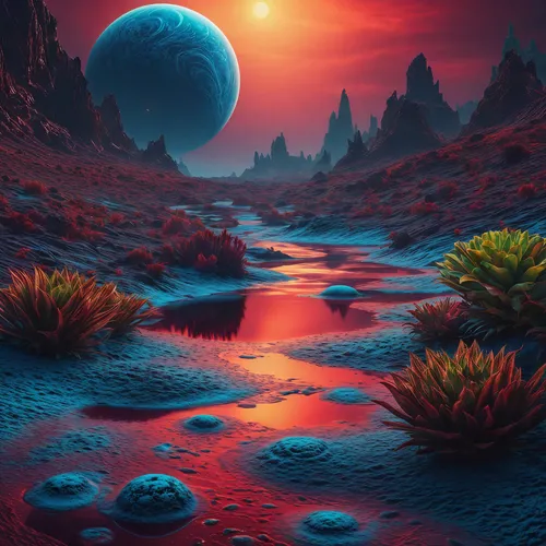 the planet's rocky landscape and river stream at sunset,lunar landscape,alien planet,desert landscape,alien world,desert desert landscape,fantasy landscape,futuristic landscape,moonscape,desert planet