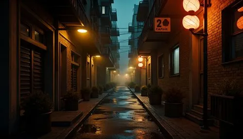 Dimly lit alleyway, warm golden streetlights, mysterious foggy atmosphere, eerie shadows, rustic brick walls, industrial metal fixtures, soft glowing lanterns, vibrant neon signs, dramatic spotlights,