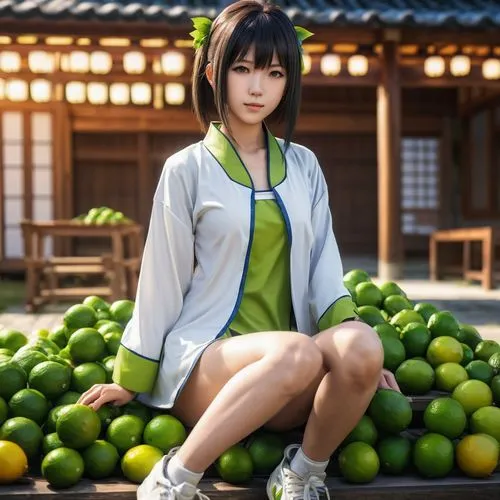 anime character,japanese style,girl,limes,an asian girl sits in front of some limes,xiaoyu,asian green oranges,green oranges,citrus,yuzu,pinya,Photography,General,Realistic