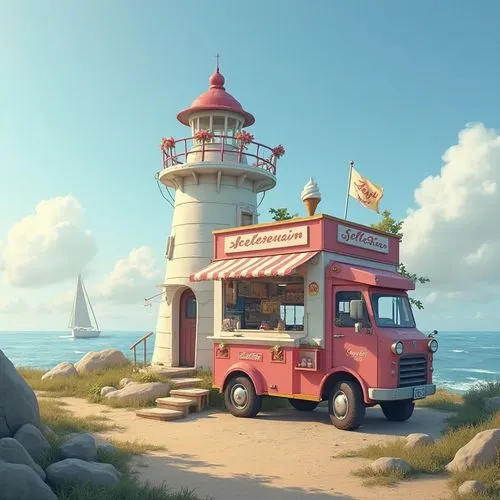 ice-cream shop on wheels
,a truck parked in front of a lighthouse next to the ocean,ice cream van,ice cream stand,ice cream cart,camper van isolated,ice cream shop,camper van,drive in restaurant,seasi