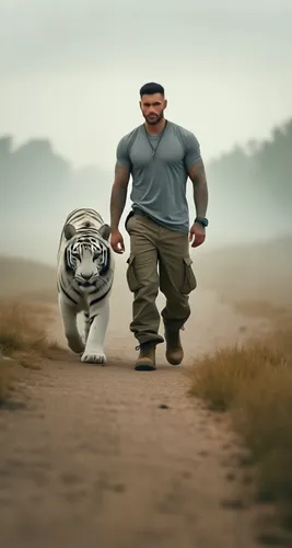 a man is walking his tiger down the road,dwarf bulldog,bulldog,mastiff,continental bulldog,human and animal,running dog