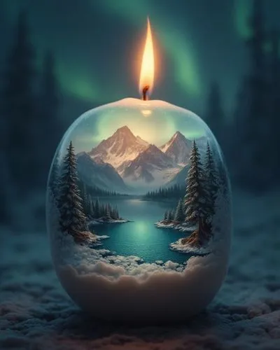 A glowing candle with a tiny mountain scene inside, featuring a crystal-clear lake, snow-capped peaks, and glowing aurora in the sky, peaceful and magical, hyper-realistic,a candle on snow globe that 