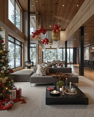 A festive and cozy living room with a high wooden ceiling and large glass windows showcasing a snowy landscape. A modern sectional sofa faces a minimalist black coffee table adorned with holiday decor