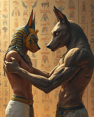 Anubis, represented by the head of a jackal, takes on a muscular male human body and looks at the mask of Tutankhamun, in the background a large wall adorned with brightly colored Egyptian hieroglyphi