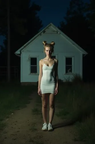 This is a nighttime photograph featuring a young woman standing on a dirt path in front of a dilapidated, white, single-story house. The woman, who appears to be in her late teens or early twenties, h