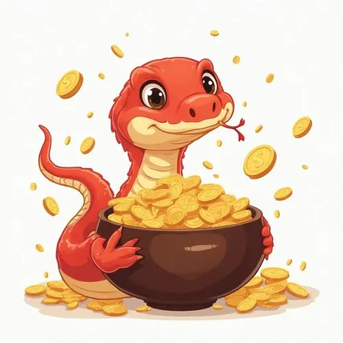 red snake,Ultra HD image of a vibrant cartoon snake with vector design holding a bowl filled with gold coins, symbolising wealth and prosperity. The snake is in a rich red colour with yellow and white