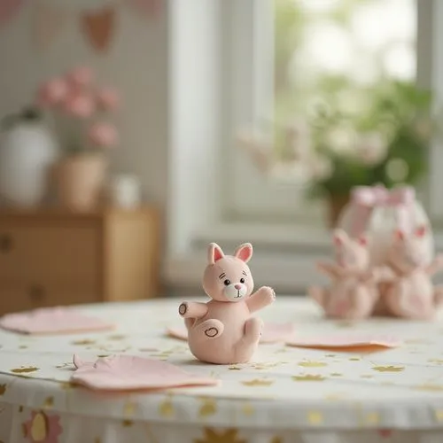 exclusive kids room elegant decoration on table ,delicate ,blured background,zoom focus
,two little pink toy animals sitting on a round table,teacup pigs,piglet,nursery decoration,felt baby items,pigl