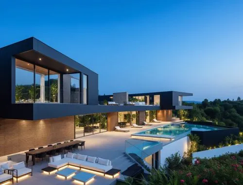 A modern self-built villa, divided into 4 parts, the left side is the main body of a flat roof; Before and after the middle, there are two floors of flat roof, and the main door is in the front side o