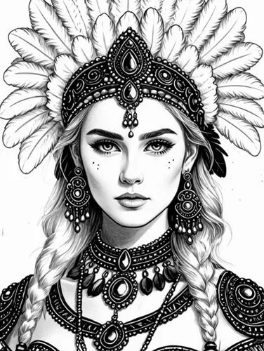 the girl with the feather headdress in a drawing,indian headdress,headdress,boho art style,inanna,feather headdress,headdresses,Design Sketch,Design Sketch,Black and white Comic