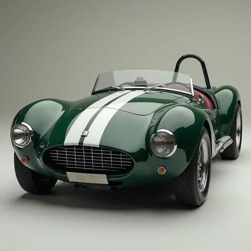A vintage-inspired roadster that blends classic automotive design with modern technology. The car features a low-slung body with wide fenders, a retro chrome grille, and round headlights. The exterior
