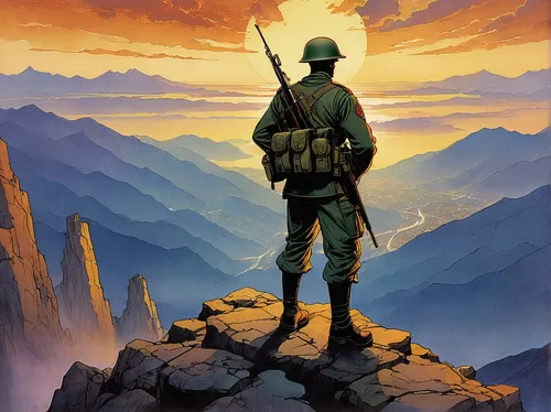A photo of a US Marine standing on top of a mountain overlooking a city,patrol,travel poster,unknown soldier,afghanistan,french foreign legion,soldier,defense,lost in war,iwo jima,usmc,solider,red arm