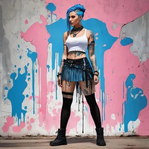 a young woman with long blue braids stands against a wall, her expression a mix of confidence and defiance. She wears a white crop top with a pink flower design, a blue pleated skirt, and fishnet stoc